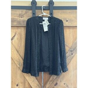 Laurence Kazar Beaded Evening Jacket Womens Sz S Black 100% Silk Formal Cover Up